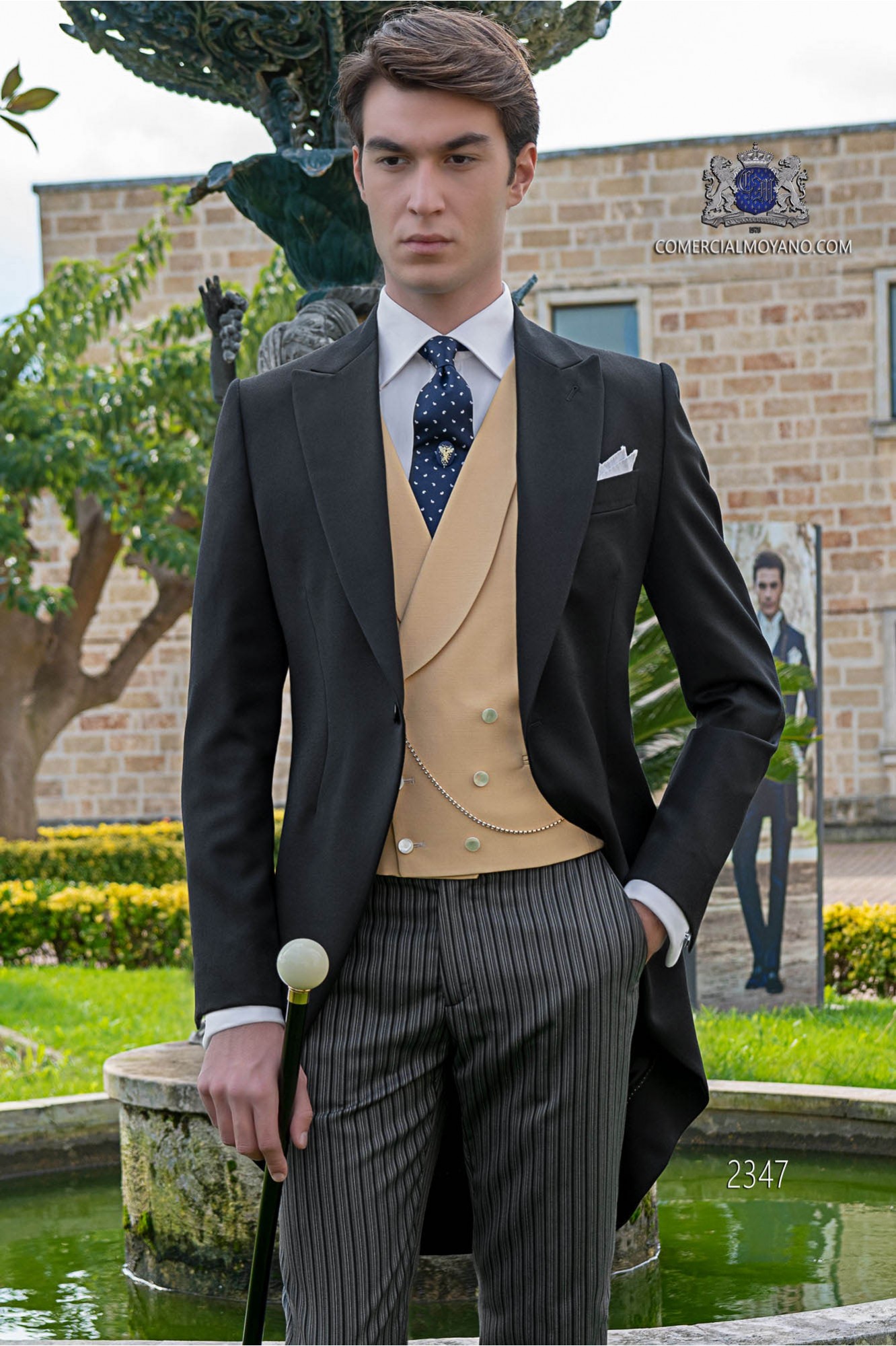 Chaqué de novio negro tejido lana con pantalón raya diplomática modelo: 2347 Mario Moyano colección Gentleman