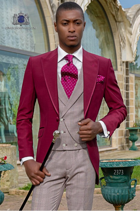 Italian short-tailed wool mix burgundy with Prince of Wales trousers burgundy color