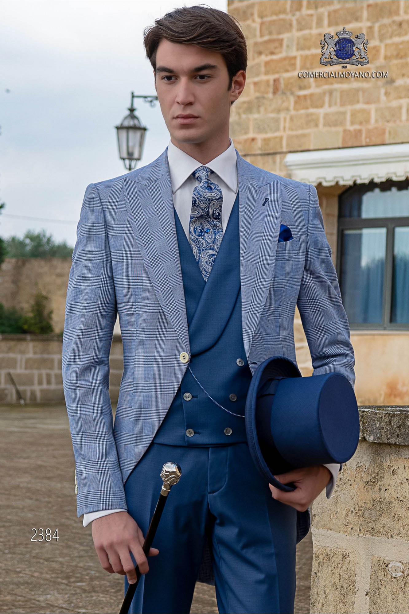 Chaqué de novio Príncipe de Gales azul modelo: 2384 Mario Moyano colección Gentleman