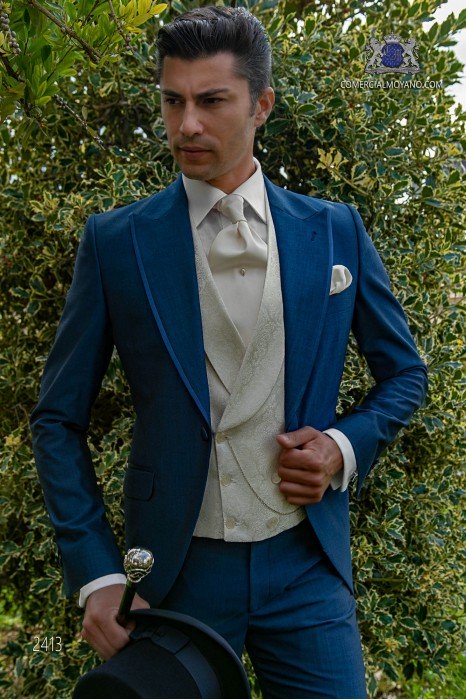 Italian royal blue mohair wool mix alpaca short frock coat wedding suit