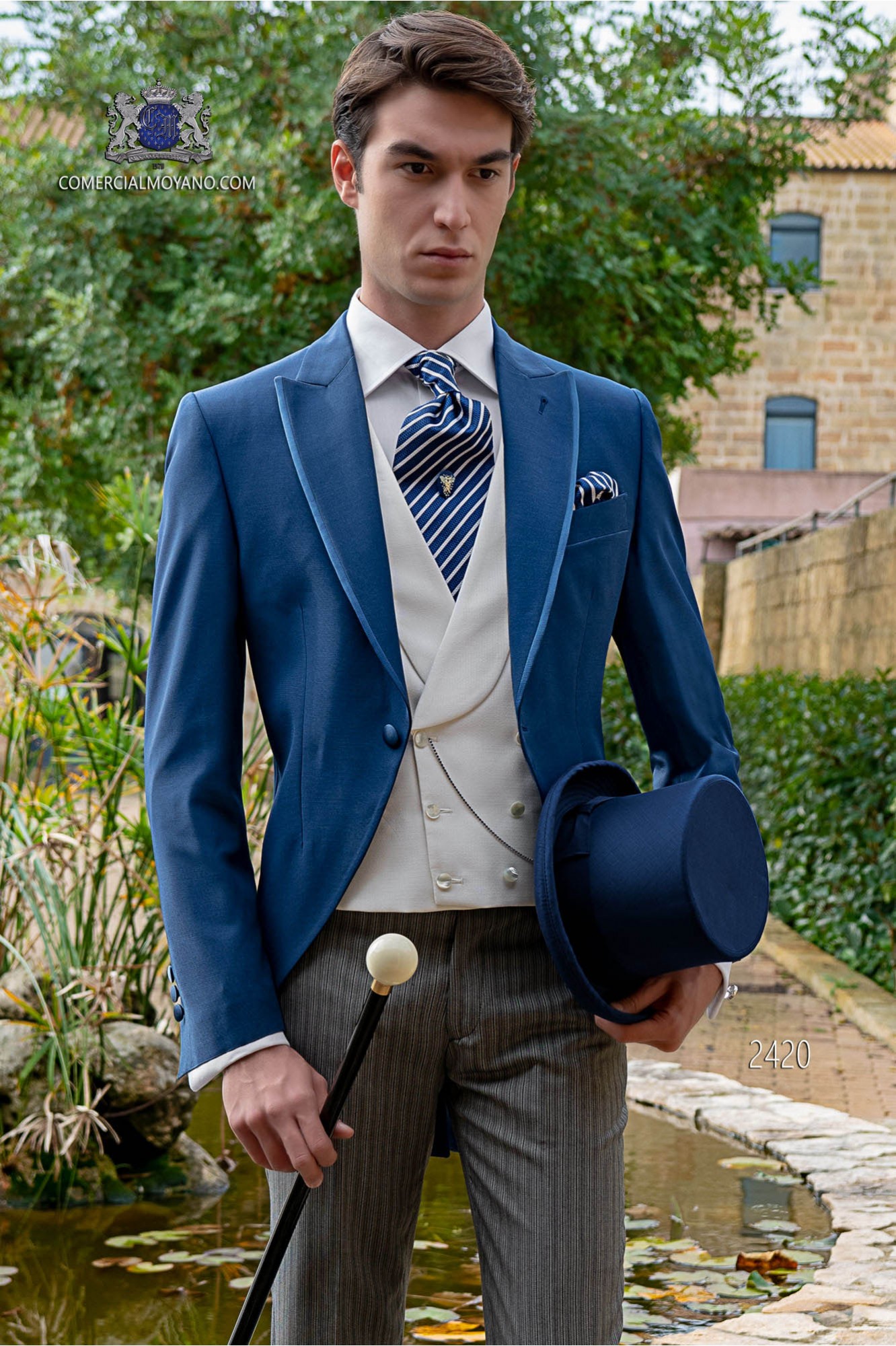 Chaqué de novio azul royal con pantalón raya diplomática modelo: 2420 Mario Moyano colección Gentleman