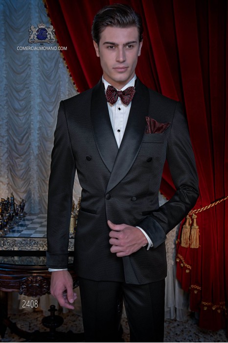 Italian double breasted black tuxedo with satin lapels. Special microdesign fabric.