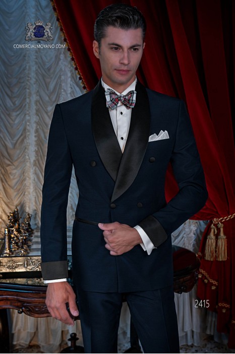 Italian double breasted navy blue tuxedo with satin lapels. Wool mix fabric.