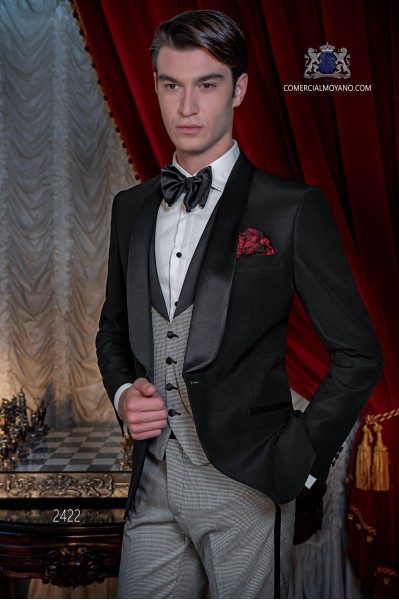 Italian black tuxedo with satin lapels. Shawl collar and 1 button. Pure wool fabric.