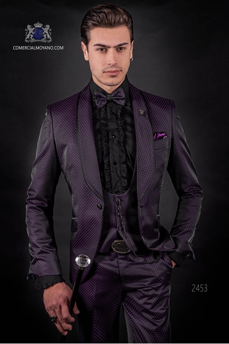 Traje de moda esmoquin italiano micro diseño negro-púrpura con solapa chal.