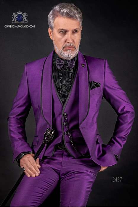 Italian violet groom suit with waistcoat. Shawl collar with satin contrast and 1 button