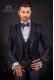 Italienische dunkelblau Mode Herren Anzug. Spitzen Revers mit Satin Blenden und 1 Knopf.