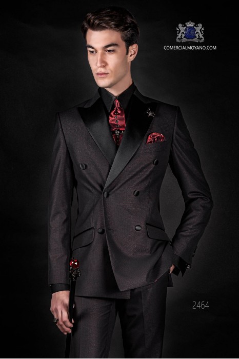 Italian fashion double breasted suit Slim fit. Satin peak lapels and 6 buttons. Shiny red Fabric.
