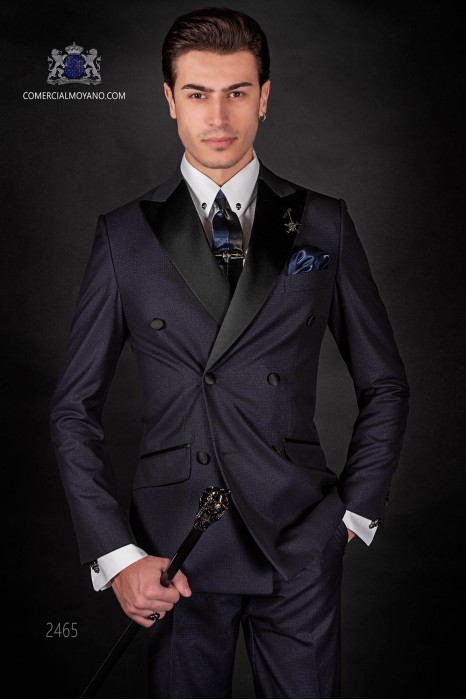 Italian blue fashion double breasted suit Slim fit. Satin peak lapels and 6 buttons. Shiny fabric.