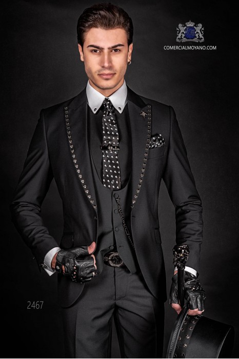 Steam punk gothic black groom suit with skull stud 2467 Mario Moyano