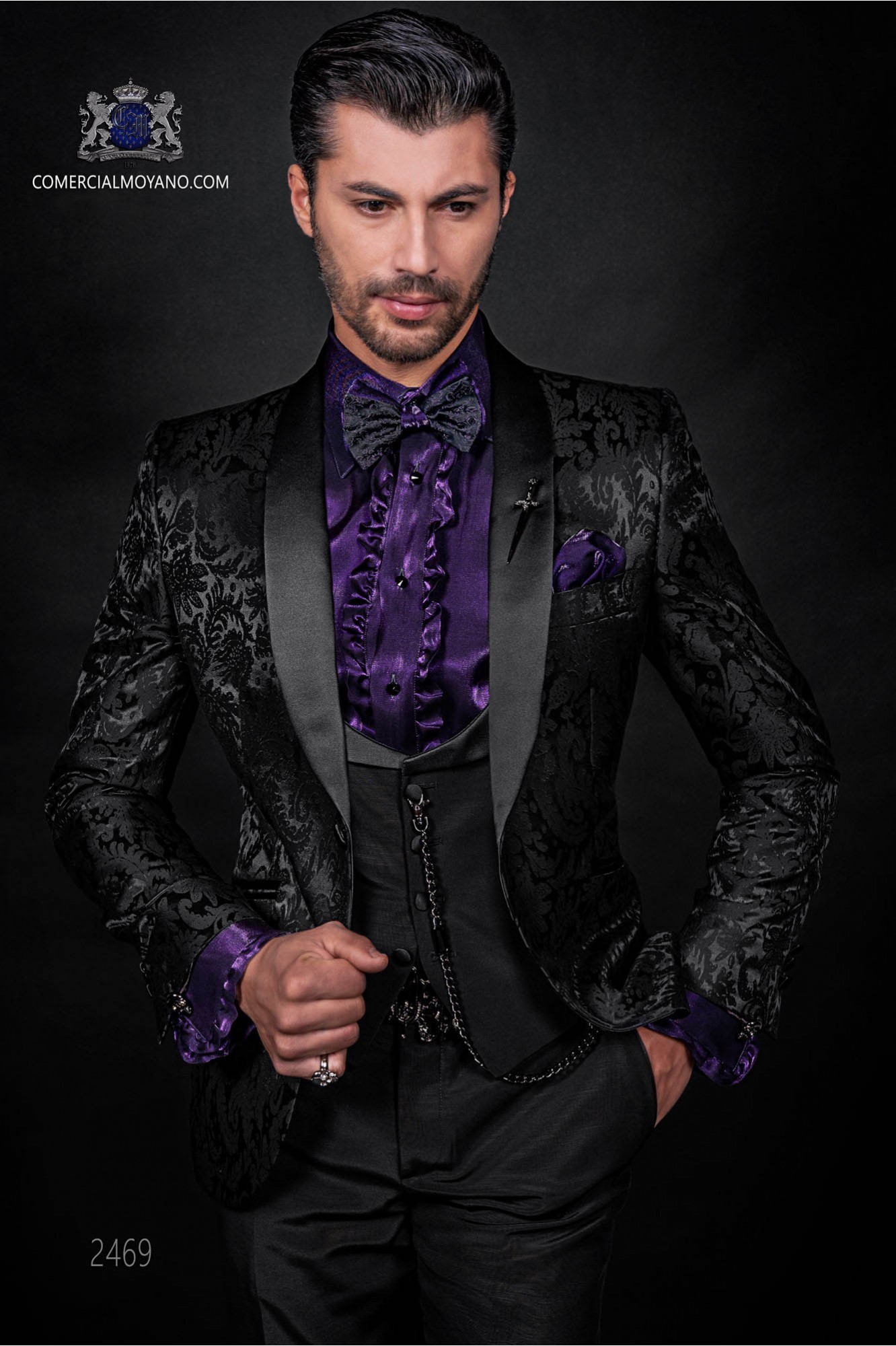Bespoke black silk dinner jacket combined with a black trousers