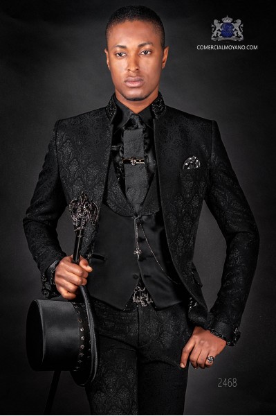 Gothic style groom suit black jacquard mao collar
