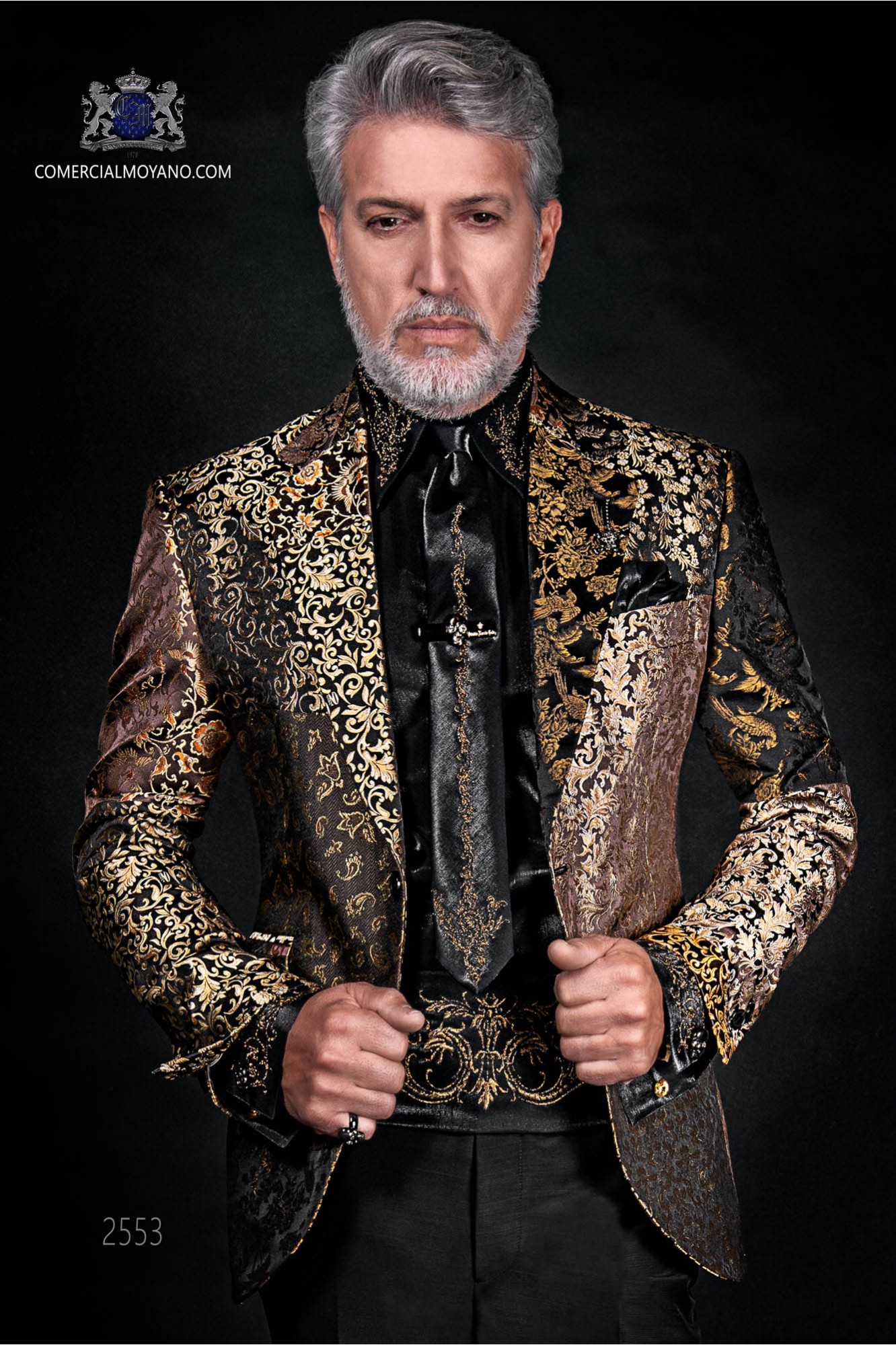 Italian patchwork jacket made of pure jacquard silk gold tones model 2553 Mario Moyano