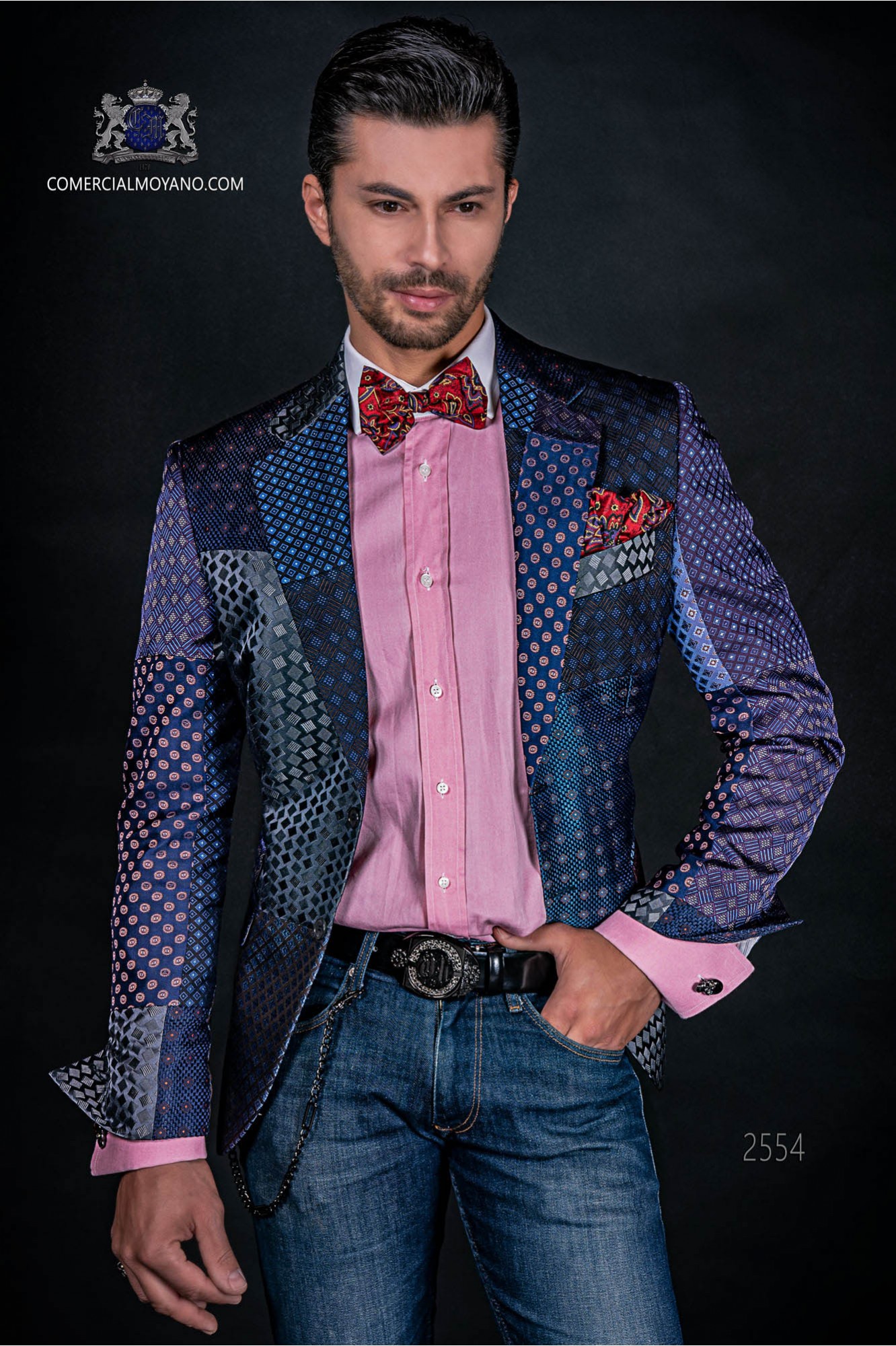 Italian patchwork jacket made of pure jacquard silk blue tones model 2554 Mario Moyano