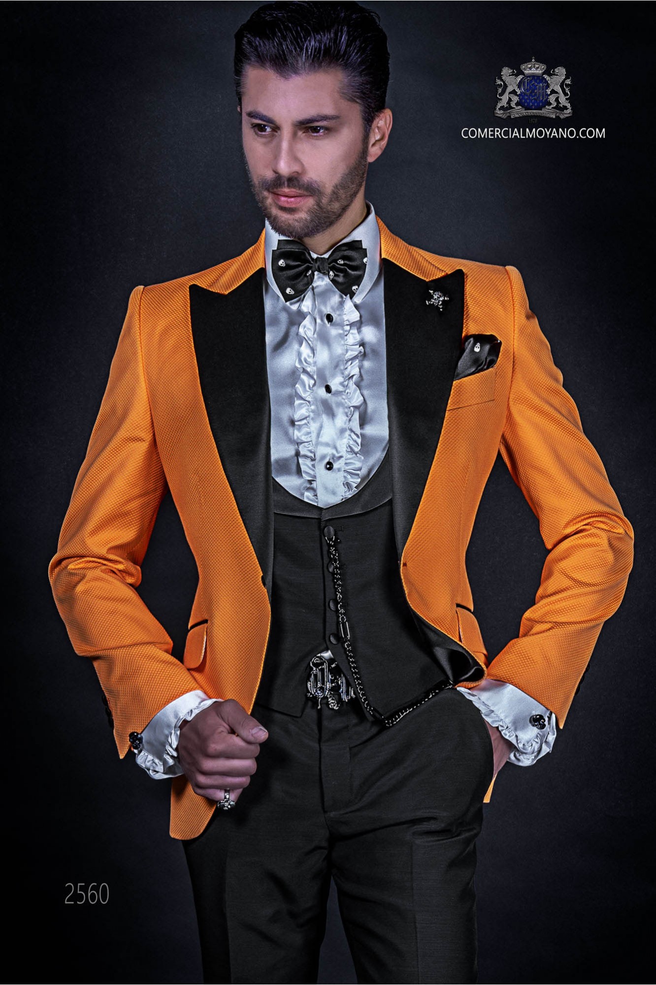 Orange cotton pique fashion suit with black trousers
