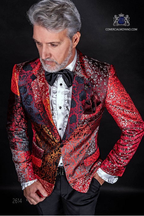 Bräutigam Anzug, Patchwork Sakko, rot, aus reiner Jacquard-Seide