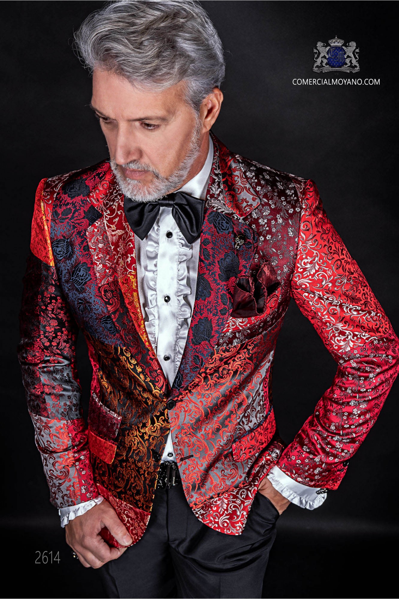 Italian patchwork jacket made of pure jacquard silk red tones model 2614 Mario Moyano