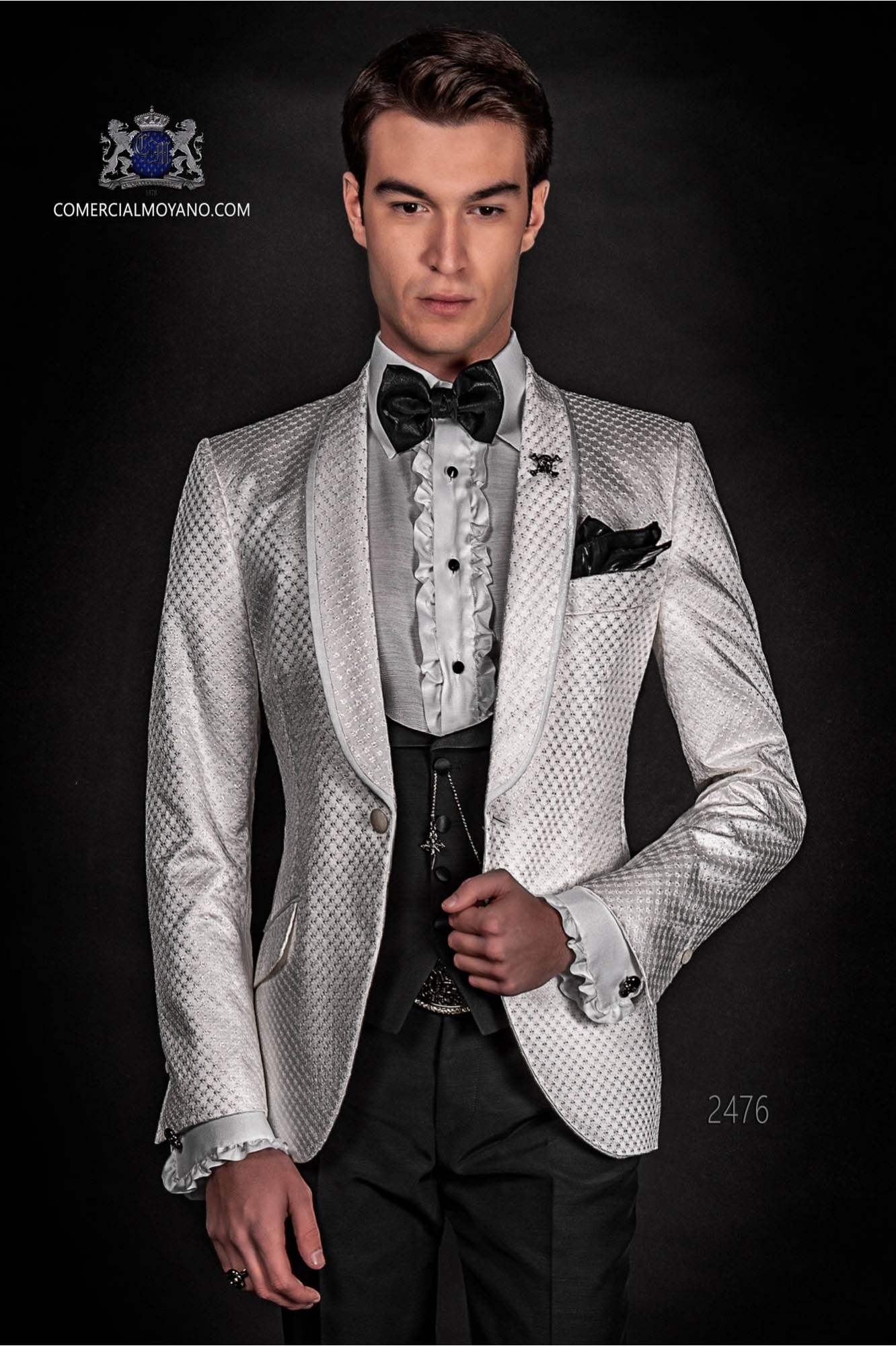 Bespoke white check dinner jacket combined with a black trousers model 2476 Mario Moyano
