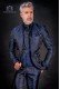 Italian bespoke blue jacquard fashion jacket with mao collar