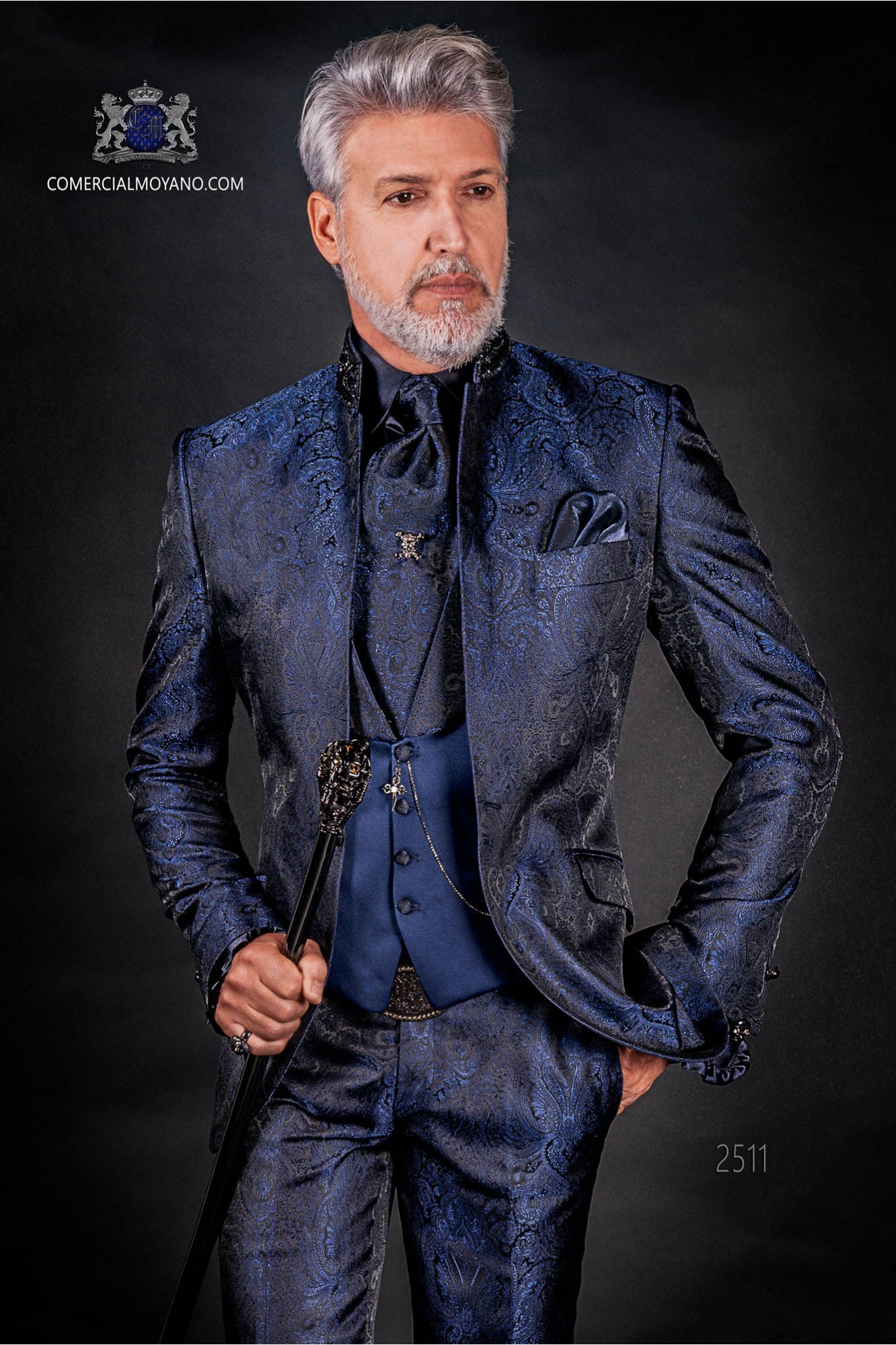 Bespoke blue jacquard fashion jacket with mao collar model 2511 Mario Moyano