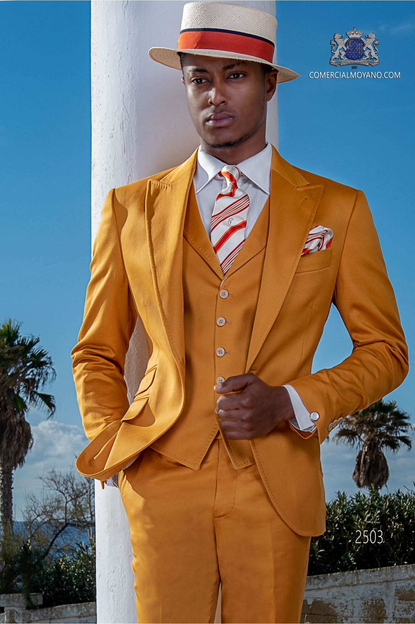 Stitched bespoke pure cotton yellow suit model 2503 Mario Moyano