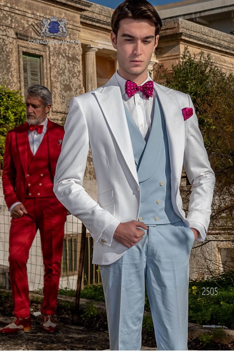 Italian bespoke wedding suit pure cotton white microdesign fabric