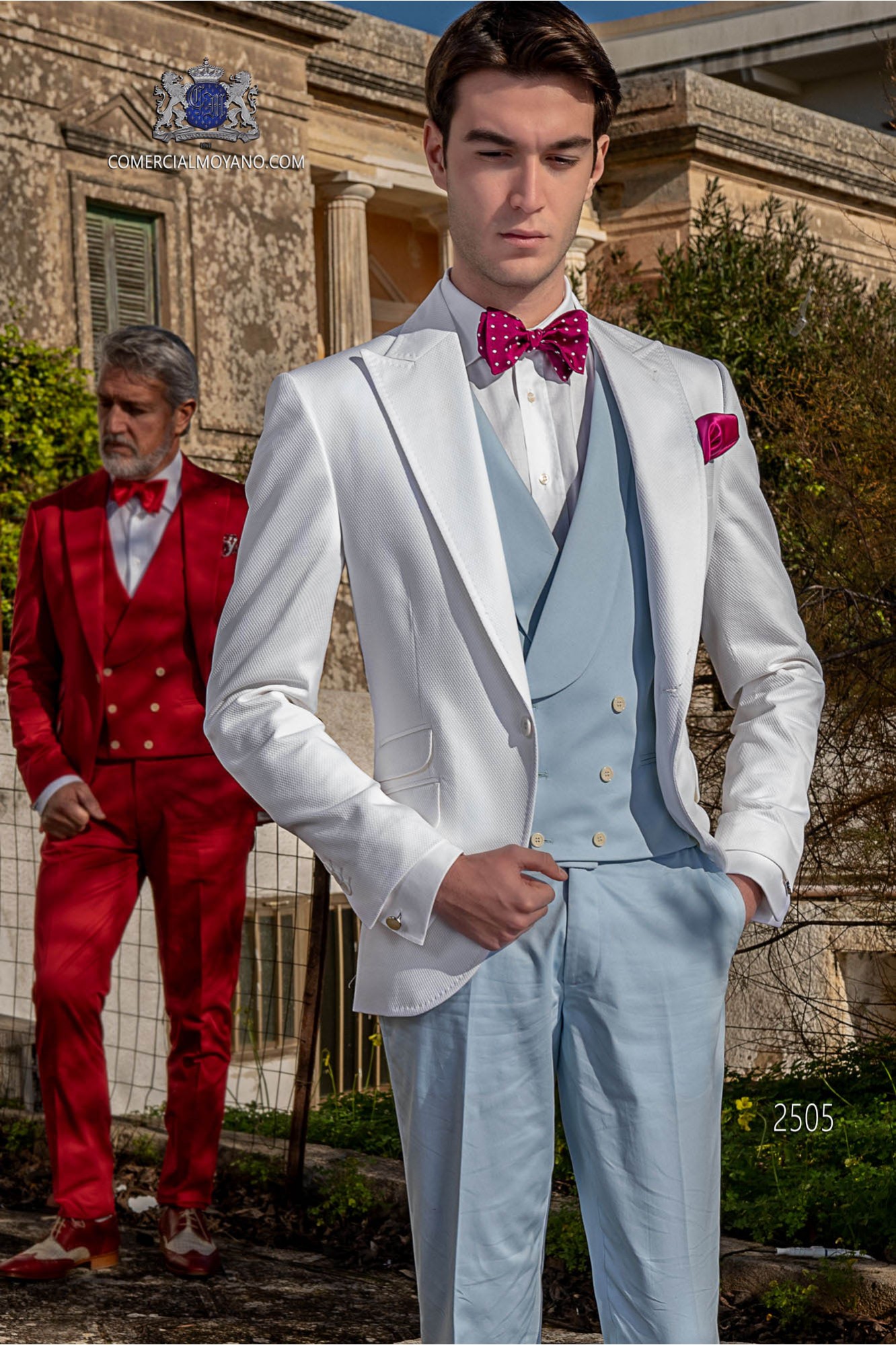 Bespoke wedding suit pure cotton white microdesign fabric model 2505 Mario Moyano