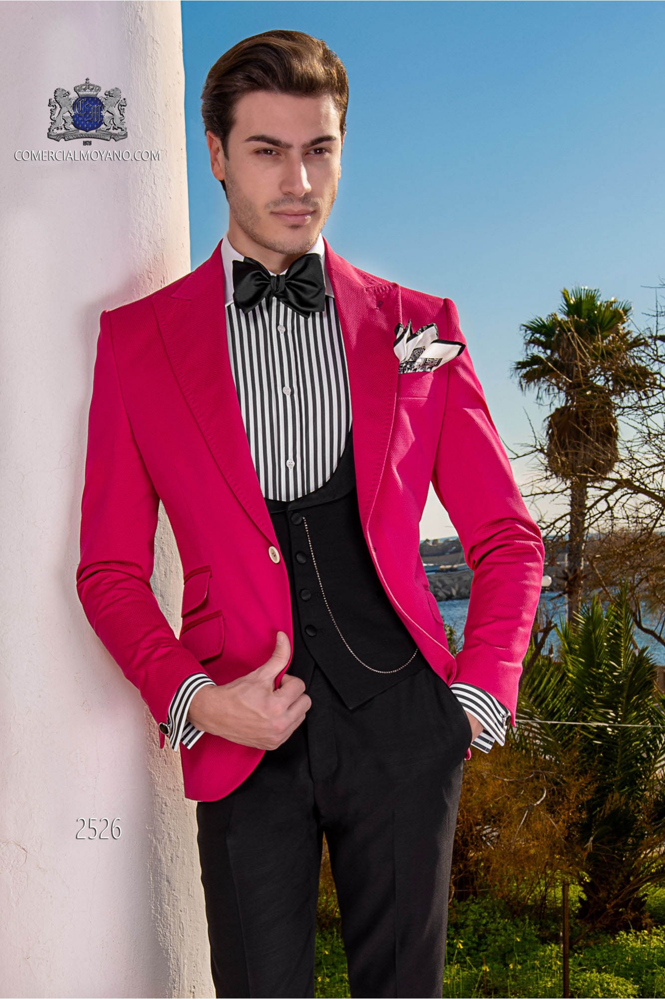 Bespoke wedding suit pure cotton fuchsia microdesign fabric model 2526 Mario Moyano