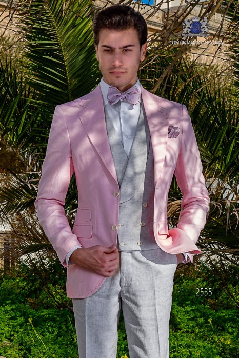 Costume de mariage rose de lin avec surpiqûre