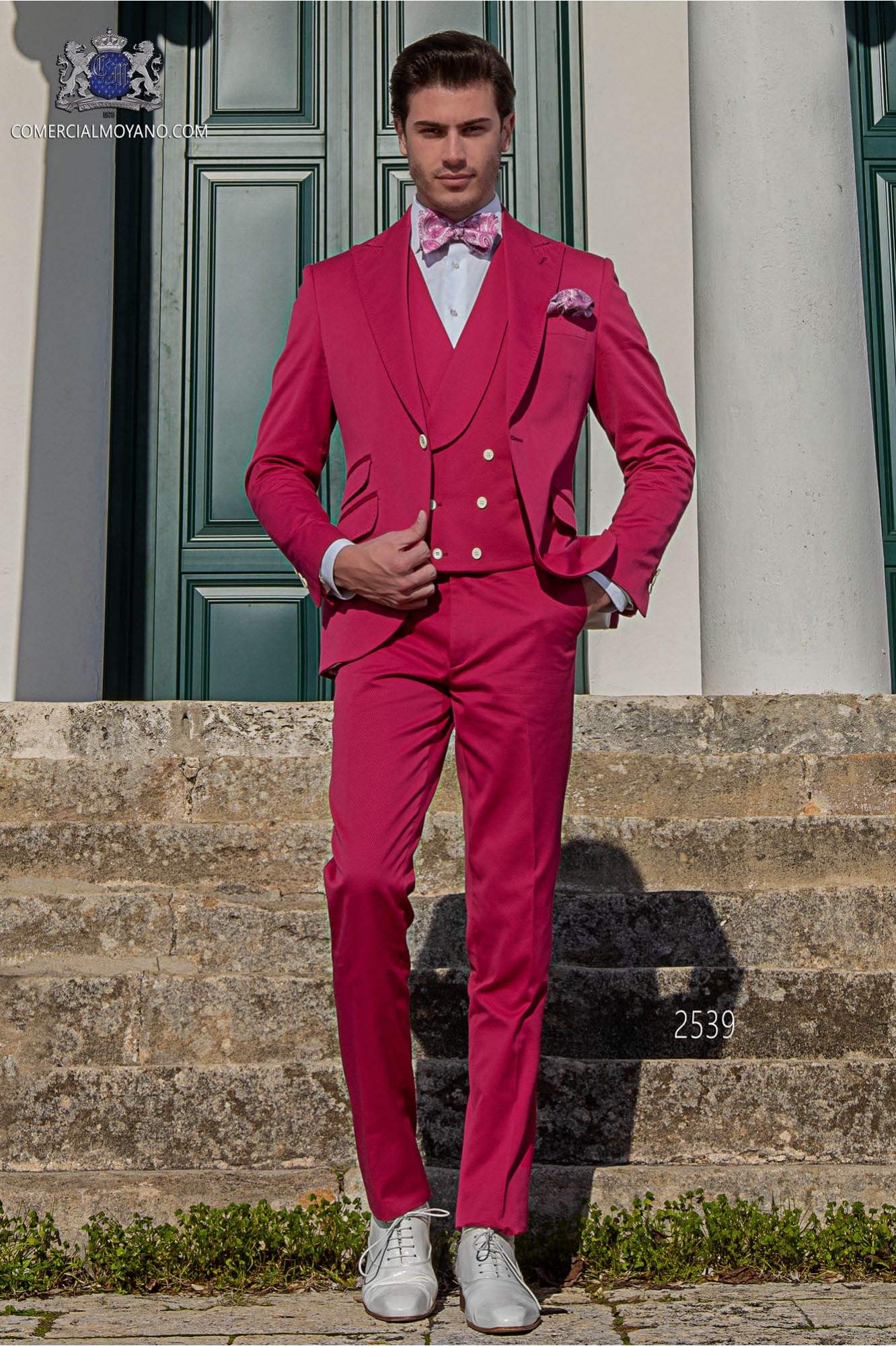 Italian fuchsia pure cotton piqué wedding suit model 2539 Mario Moyano
