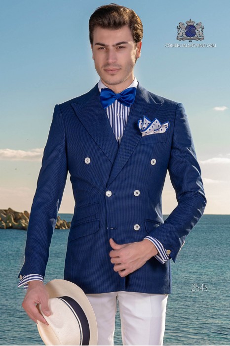Italian bespoke houndstooth blue double breasted suit