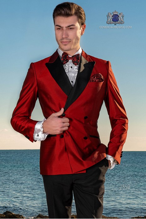 Tuxedo double breasted red shantung with satin lapels. Shantung silk mix fabric.