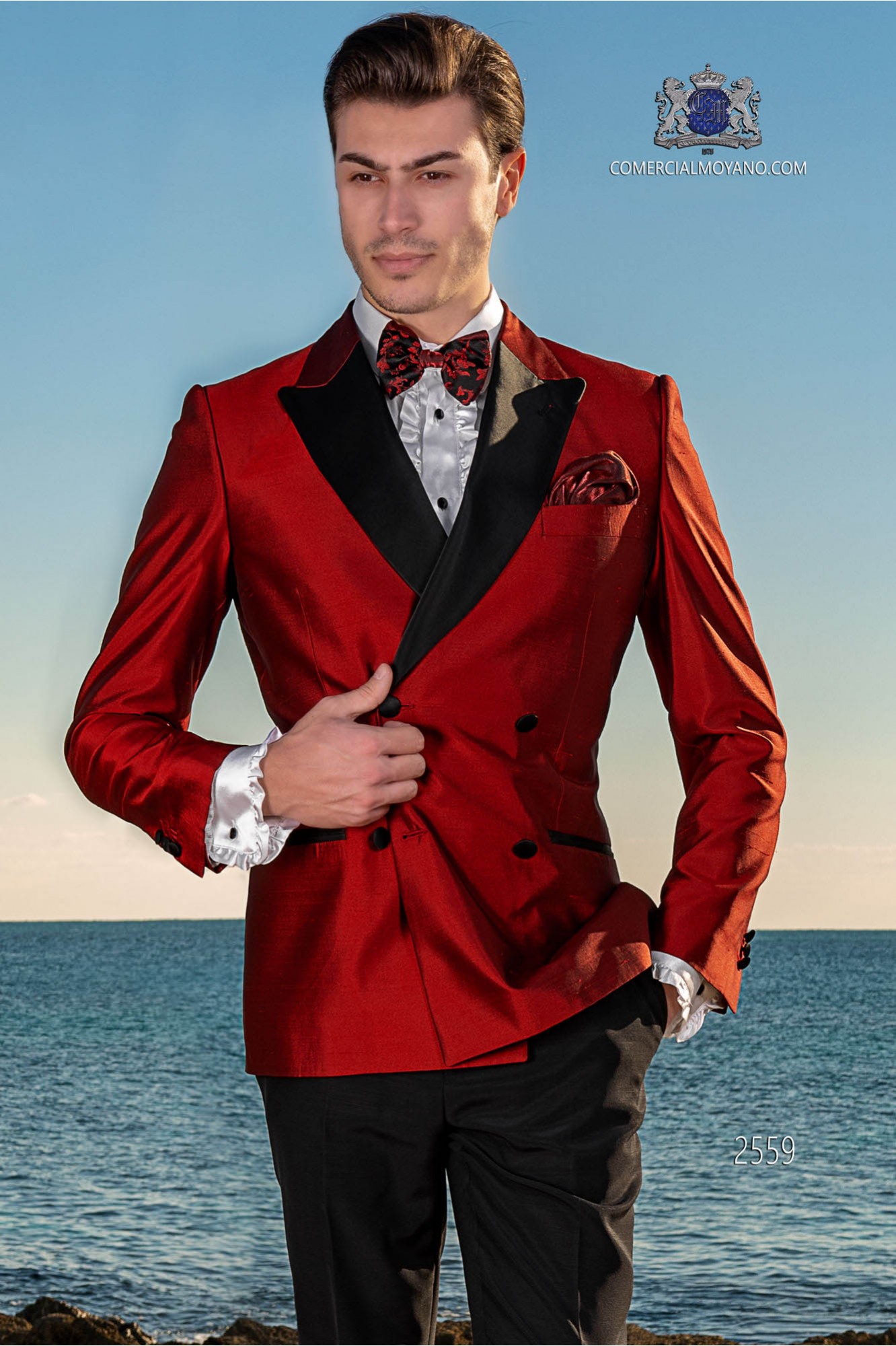 Tuxedo double breasted red shantung with satin lapels. Shantung silk mix fabric.