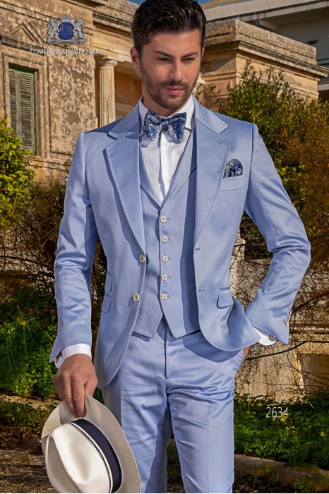 Italian stitched bespoke pure cotton light blue suit