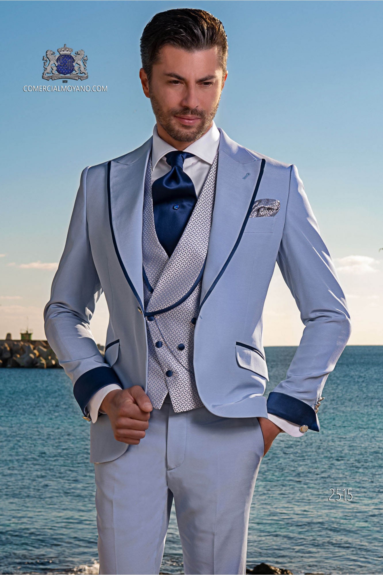 Italian light blue wedding suit slim stylish cut model 2515 Mario Moyano