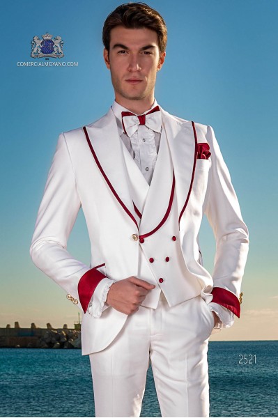 Italian bespoke white suit with red satin lapels