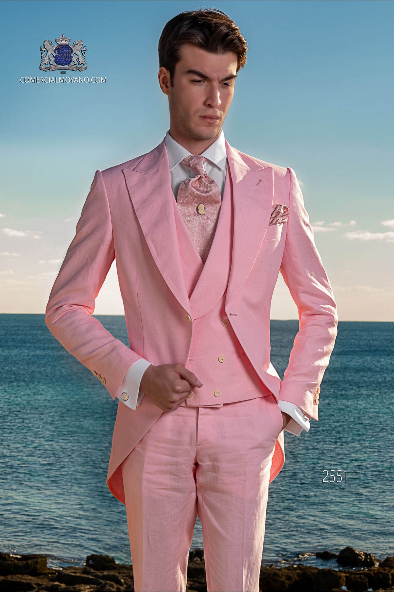 Chaqué - Levita de novio rosa en tejido de lino