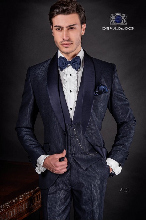Italian bespoke blue tuxedo with satin shawl collar