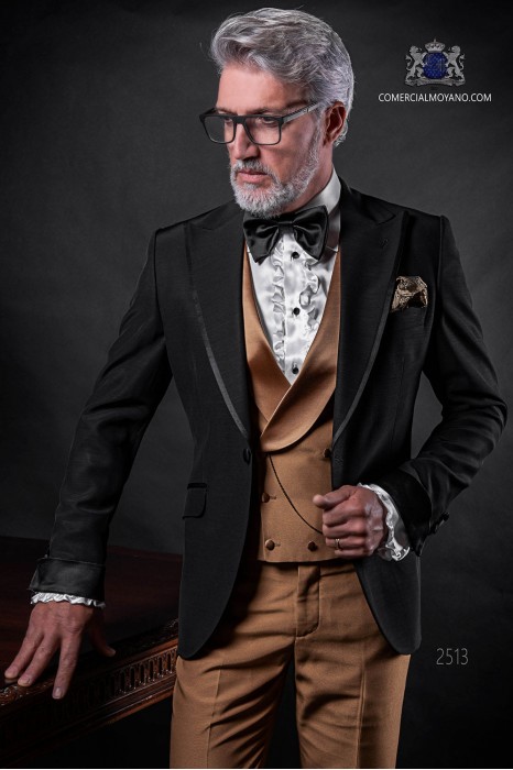 Italian bespoke black wedding suit coordinated with golden waistcoat and trousers