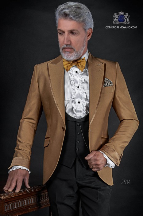 Italian bespoke golden wedding suit coordinated with black waistcoat and trousers