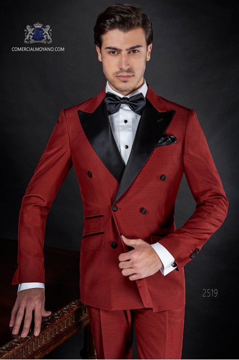 Italian double breasted red tuxedo with peak satin lapels