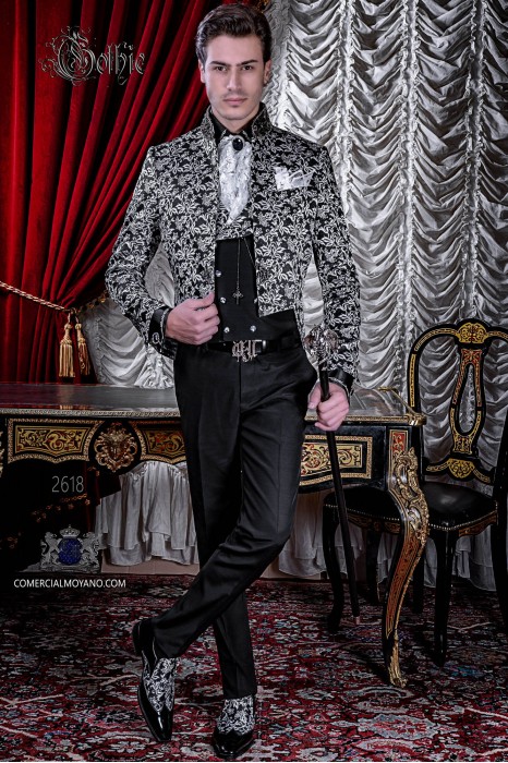Baroque black and silver brocade tail coat with crystal rhinestones on Mao collar.
