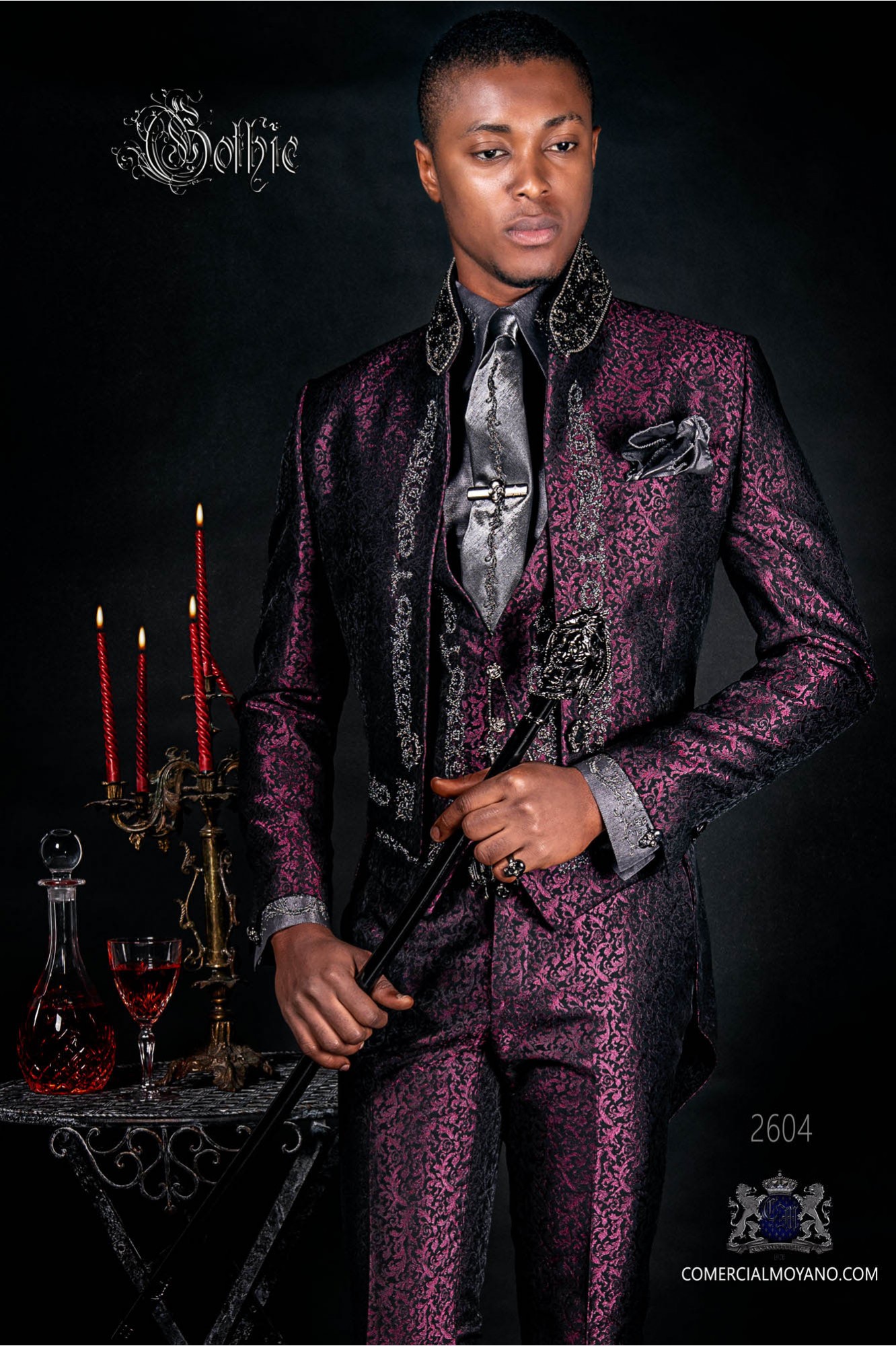 Baroque purple jacquard tailcoat with silver embroidery, crystal rhinestones on Mao collar and crystal brooch model 2604 Mario Moyano