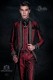 Traje de novio barroco, levita vintage en tejido brocado rojo con cuello Mao con pedrería negra