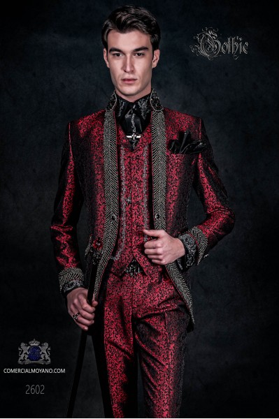 Vintage Men wedding frock coat in red brocade fabric with Mao collar with black rhinestones