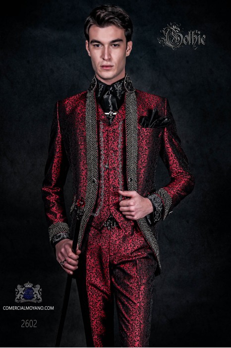 Vintage Men wedding frock coat in red brocade fabric with Mao collar with black rhinestones