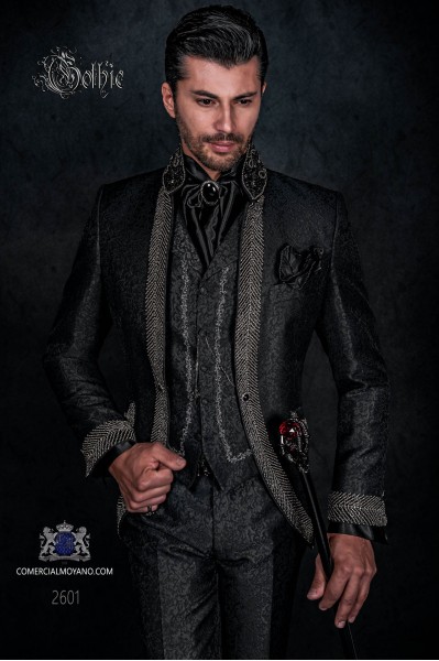 Baroque wedding suit, vintage wedding frock coat in black brocade fabric with Mao collar with black rhinestones