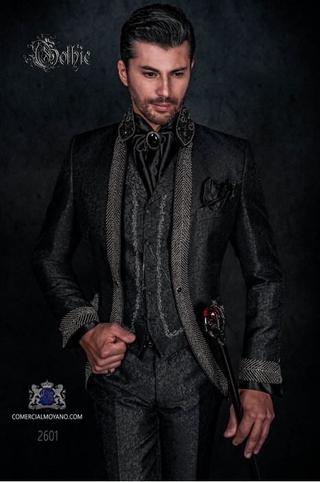 Baroque wedding suit, vintage wedding frock coat in black brocade fabric with Mao collar with black rhinestones