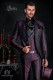 Manteau de mariée Vintage Homme en tissu de brocart violet-noir avec col Mao avec strass noirs