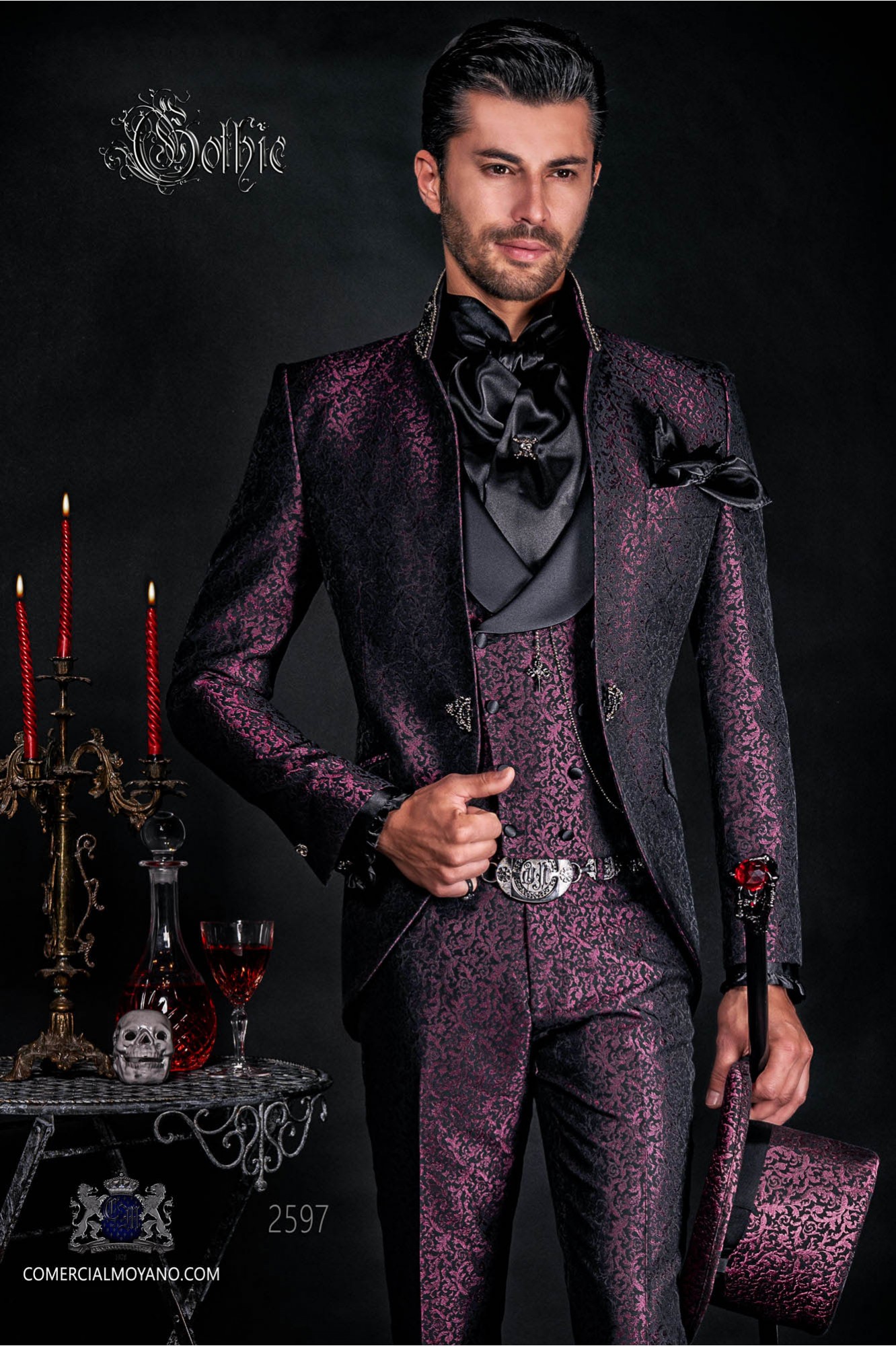 Vintage Men wedding frock coat in purple-black brocade fabric with Mao collar with black rhinestones model 2597 Mario Moyano